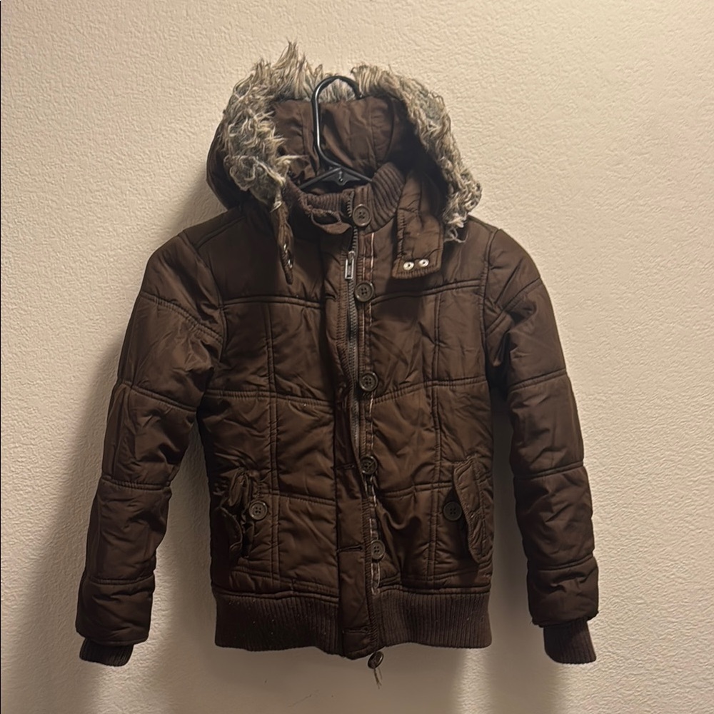 Justice Brown Quilted Puffer Coat with Fur Hood